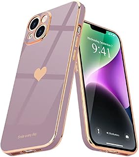 Teageo for iPhone 14 Case Cute Heart Pattern for Women Girls Slim Luxury Bling Plating Soft TPU Anti-Scratch Shockproof Bumper Phone Case for iPhone 14, Purple
