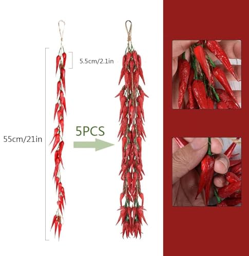 5er-Pack künstliche, lebensechte Gemüse-Simulation, künstlicher Knoblauch, rote Chilischote, künstliches Gemüse zum Aufhängen, Seil für Zuhause, Küche, Party, Wanddekoration, Fotografie-Requisiten