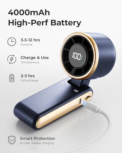 Image of Portable Handheld Turbo Fan - 5 Gear High Speed 4000mAh Rechargeable Mini Personal Hand Fan Blow Cold Air, Battery Operated Travel Essentials, Beach Vacation, Gifts for Women, Men (Navy Blue)