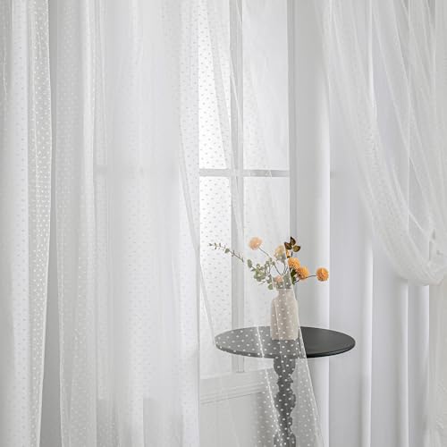 MYSKY HOME White Curtains for Girls Bedroom & Nursery Kids Cute Curtains Double Layer with Polka Dots Sheer, Grommet Tops, 52x84 Inch Each Panel, 2...