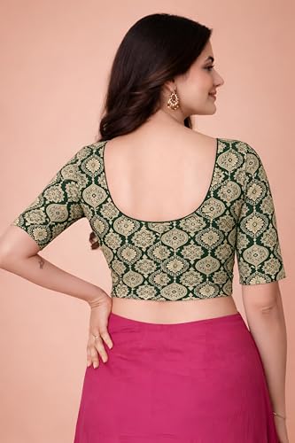 Image of Amazon Brand - Anarva Women's Kalamkari Print Cotton Stretchable Round Neck Readymade Saree Blouse