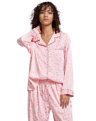 Image of YiNi LuLu Womens Silk Satin Pajamas Set Button Down 2 Piece Pjs Long Sleeve Oversized Sleepwear with Pockets
