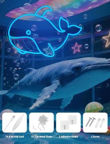 Image of Neon Sign for Bedroom Decor, Cute Blue Whale LED Neon Light Sign for Wall Decor USB Dimmable Light for Kids Bedroom, Fishing Store, Creative Spaces, Classroom, Aquarium Lovers(Blue Whale)