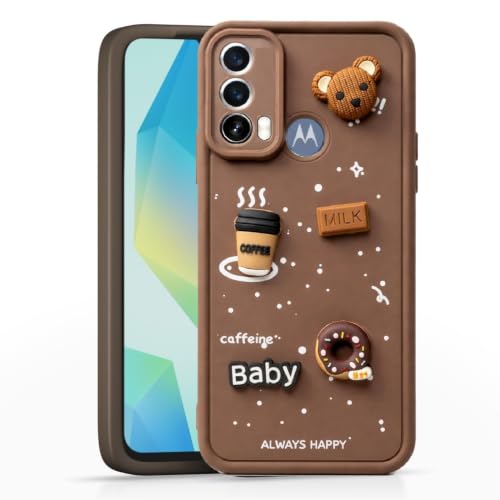 Image of Bintage Cute Fun Taddy Cartoon 3D Ball Bear Milk Donut Coffee Cup Silicon Case Full Body & Camera Protection Back Cover Compatible for Motorola Moto E30 - Brown