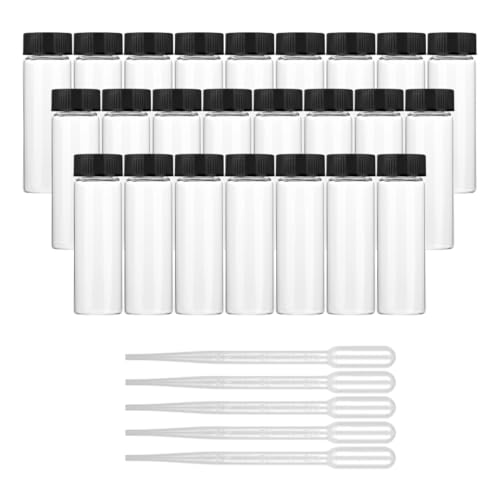 Image of Clear Borosilicate Glass Vials, Culture Tubes with Screw Caps and Plastic Droppers, Small Liquid Sample Vial, Test Tubes, Leak-Proof Vial (25, 20ml)