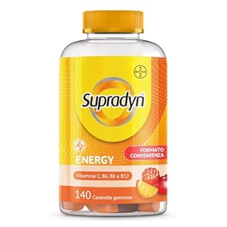 Supradyn Energy Multivitaminico Caramelle, Integratore Multivitaminico Completo, con Vitamine A, B, C, D, E e Coenzima Q10, 140 Caramelle Gommose Multivitaminiche Gusto Ciliegia, Lampone e Arancia