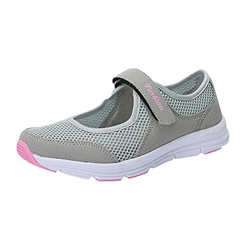 Plateau - Zapatillas de deporte para mujer, planas, ligeras, transpirables, zapatillas de tenis de malla, con boca plana, con cierre de velcro, gris, 34 Cover
