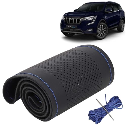 Image of KINGSWAY PU Leatherite Car Steering Cover Sewable Compatible with Mahindra XUV 700 (Year 2021 Onwards), Black Color with Blue Thread, Pack of 1 with Sewing Needle and Thread