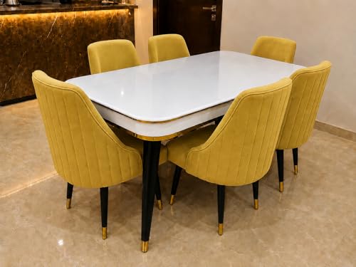 Image of WOODEN SPACE 6-Seater Wooden Dining Table Set | Nano Composite Marble Top | Solid Wood Base | Modern Dining Room Furniture with 6 Chairs (Modern Infinity Yellow)