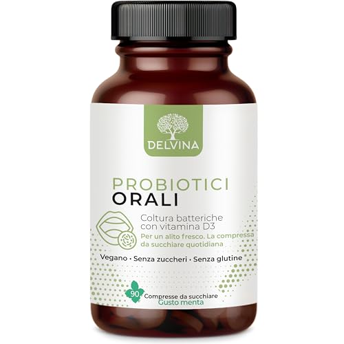 DELVINA Combatti l'Alitosi - 90 Pastiglie vegane per l'Igiene Orale senza Collutorio né Puliscilingua - Alito Fresco - Colture Batteriche con Vitamina D3 contro l'Alitosi, Menta, Scorta di 3 Mesi