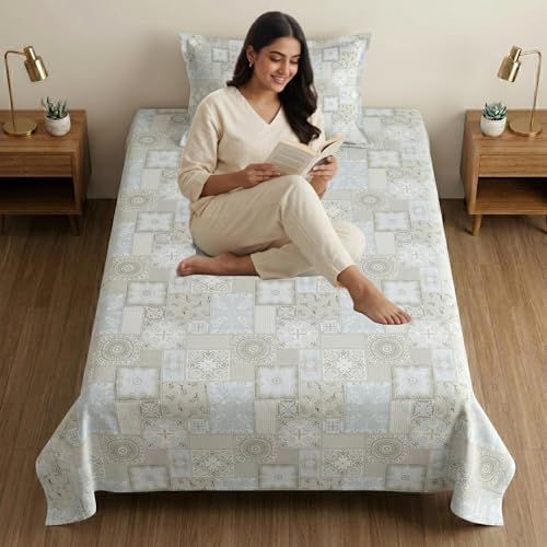 Image of Mafatlal 186 TC Metro Cotton Single Bedsheet | 90 x 60 Inch|Soft, Breathable & Lightweight | with Matching Pillow Cover| Blue Walnut