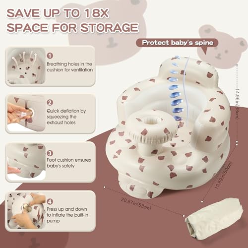 Image of Jikasho Inflatable Baby Seat for 3-36 Months Blow Up Floor Seat | Back Support Built-in Air Pump Learning to Sit 21x20 IN