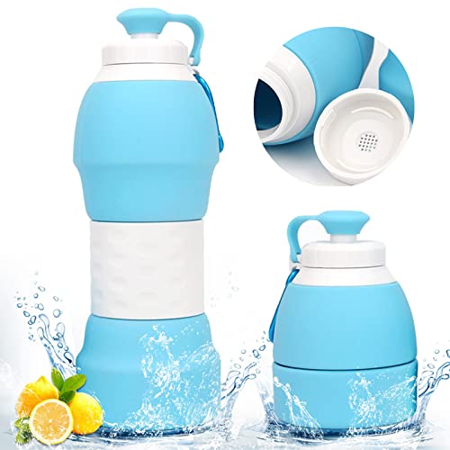 SoundZero Botella Agua Plegable Silicona, Botella Agua Plegable Silicona 580Ml, Flexibles Plegables Botellas de Agua Reutilizables, Botellas Plegables Flexibles, Botella Agua Plegable Viaje (Azul)