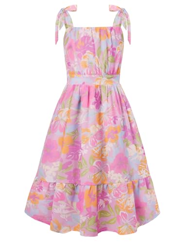GRACE KARIN A-Line Casual Kleid für Mädchen, Eckiger Ausschnitt Chiffonkleid, Verstellbare Schulterbänder Lila-Rosa Druck 8 Jahre