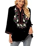 Higustar Mexican Shirts for Women Embroidered Tops Traditional Style Tunics Floral 3/4 Sleeve Plus Size Boho Peasant Blouse, Black-325, Small