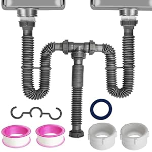Flexible Expandable Double P-Trap Kit for 1 1/2″ or 1 1/4″ Double Bowl Sink Drain, Tube Pipes Kit Fit for Kitchen, Bathroom, Complete with Sealing Ring, Tape, and Tubing