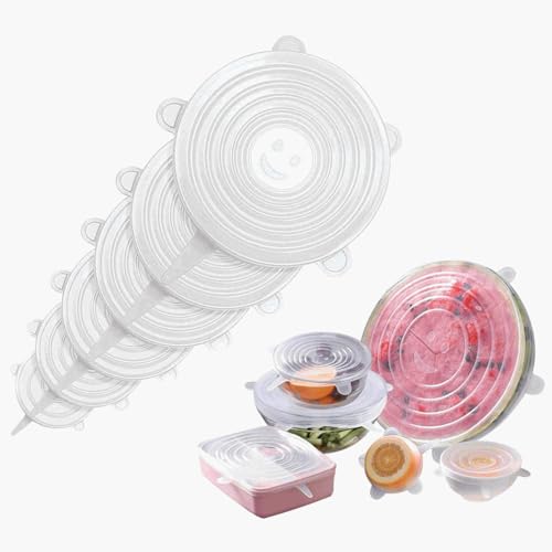 CHEFZOCO Tapas de Silicona Reutilizables, Tapas de silicona elásticas, Cubiertas de silicona ajustables, Tapas de silicona para recipientes, Libre de BPA, Varias medidas, 6 unidades, Transparente