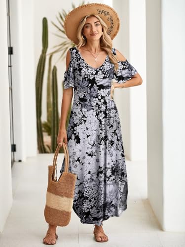 Image of BELAROI Womens Cold Shoulder Maxi Dress Plus Size V Neck Summer Sundresses with Pockets Beach Coverup Vacation Outfits