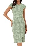Allegra K Robe élégante en tweed pour femme - Col rond - Manches courtes - Robe crayon fendue, vert, Taille S