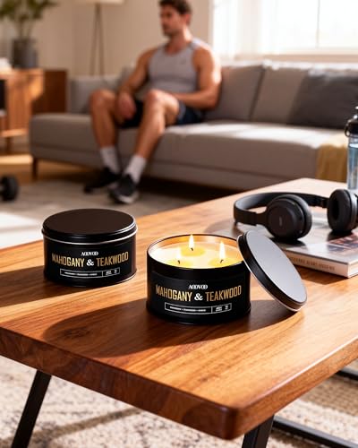 Image of AOOVOO 2 Pack Mahogany Teakwood Candles for Men - 3 Wick 24oz Black Candle | Long Lasting Soy Candles for Home Scented, Masculine Candle Gift for Father Day, Women & Men, Non Toxic, Large