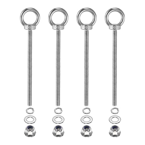 Image of PATIKIL M6 x 100mm Shoulder Eye Bolt, 4 Pcs 304 Stainless Steel Lifting Ring Threaded Eye Bolt with Flange Lock Nuts Spring and Flat Washers for Hanging Tie Down Straps Outdoor Indoor