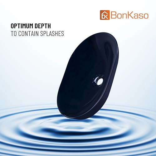 Image of BONKASO Capsule Table Top Wash Basin for Bathroom | Premium Fully Glazed Ceramic Vessel Sink | 55D x 40W x 13H Big Size | Glossy Black Designer Finish