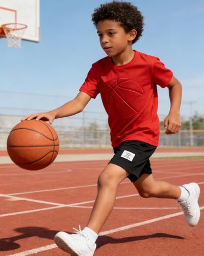 Image of Boys 2 Piece Outfits Short Sleeve Basketball Pattern T-Shirt and Shorts Summer Clothes for Kids 5-12 Years