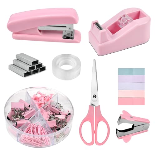 EUIEUT Büroartikel Set Schreibtischzubehör Rosa Büromaterial Office Supplies 8 Kit mit Heftgerät, 1000 Heftklammern, Heftklammerentferner, Haftnotizen, Klebebandabroller, Klebeband, Schere, Clips