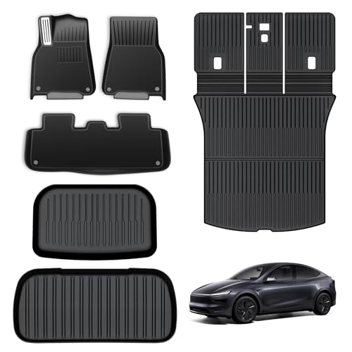 TOPABYTE Fußmatten für Tesla Model Y Juniper 2025 2026 Laderaummatte mit Rückenlehnenmatte & Kofferraumwanne vorne & hinten Auto Komplettset TPE Auskleidungen Anti-Rutsch Matten