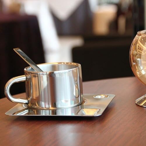 Dianzan Stainless Steel Coffee Mug Set, 175ml Double Wall Coffee Mug with Saucer Cup Spoon Handle Metal Coffee Tea Cup Set for Home Cafe - Image 5