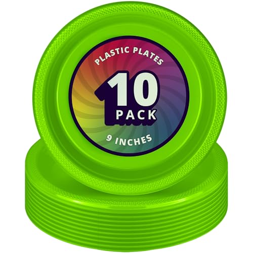 DecorRack 10 Large Plastic Plates, Heavy Duty 9 inch Disposable, Lime Green