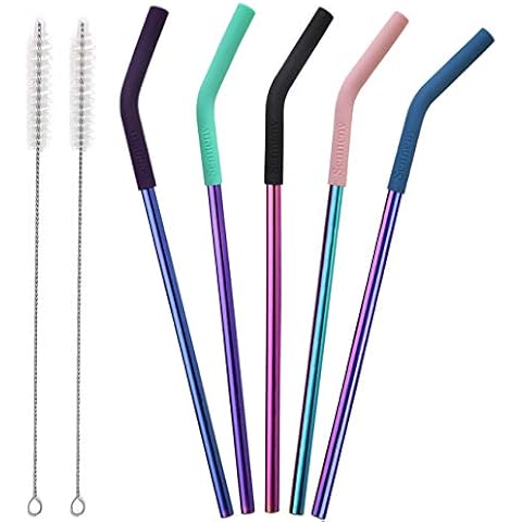Senneny Set of 5 Stainless Steel Straws with Silicone Flex Tips Elbows Cover, 2 Cleaning Brushes and 1 Portable Bag Included (Colourful) - 6 mm Diameter Cover