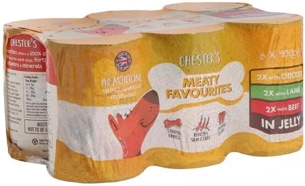 Chester's Wet Dog Food Chunks 6 x 400g Tins - Complete Adult Dog Food, High Meat Content, Vitamins & Minerals, Protein Rich Wet Food for Active Dogs (Meaty Favourites In Jelly)