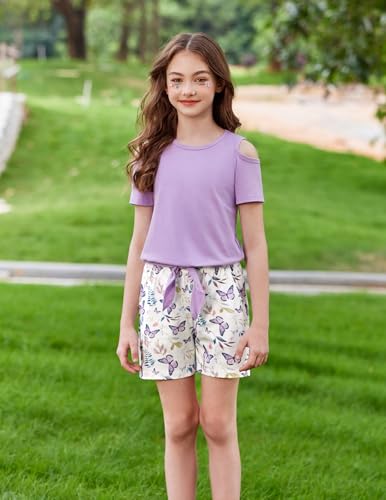 Image of Arshiner Girls Short Sets 2 Pieces Outfits Short Sleeve Tie Knot T-Shirts and Casual Shorts With Pockets Cute Clothes Sets