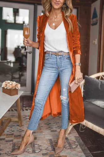 Image of Women's Long Velvet Cardigan Jacket Lapel Collar Open Front Vintage Cardigan Sweater with Pocket