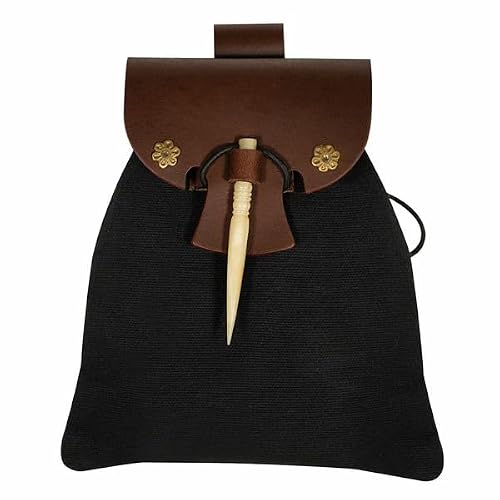 Mythrojan Belt Pouch Medieval Small Fanny Pack Renaissance Waist Bag Medieval Canvas Belt Pouch for LARP, Cosplay, Reenactments - Black & Brown, 8" x 7"