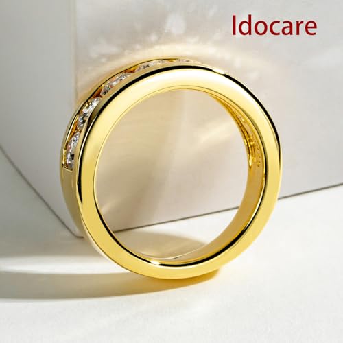 Idocare Moissanite Wedding Band D Color VVS1 Round Brilliant Cut 14K Yellow Gold Plated 925 Sterling Silver Eternity Band Rings for Women and Men3
