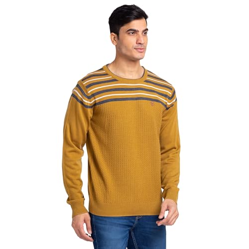 Image of Raymond Men's Regular Fit Acrylic Wool Blend Round Neck Stripe Pattern Full Sleeve Sweater