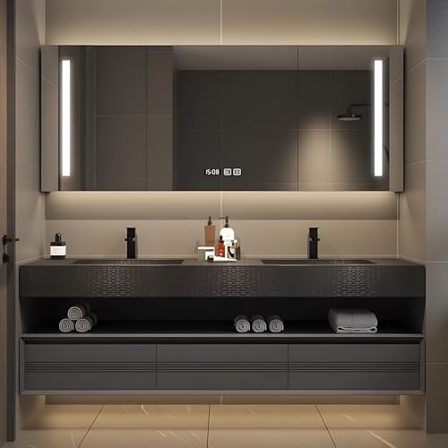 Top 10 Best Bathroom Vanity Manufacturers for Your Home 3 ZGNBSD Black Double Bathroom Vanity with Sink - Floating Bathroom Vanity Contains LED Smart Defogger Mirror Cabinet, Multi-Layer Solid Wood Material, Modern Design Style