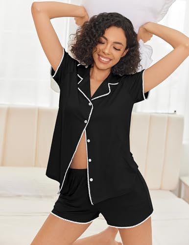Image of Ekouaer Pajamas Set for Women Classic Short Sleeve PJ Sets Button Down Lounge Sets Comfy Sleepwear