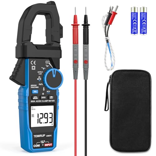 Digital Inrush Clamp Meter Multimeter, TEMIRUP T-RMS 6000 Counts 600A Current Amp Volt Meter with VFD, LOZ Mode; Measures NCV AC/DC Current Voltage Temperature Resistance Capacitance Continuity