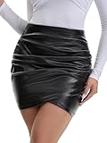 Women's PU Leather Skirt Black M Asymmetrical Ruched Mini Skirt Stretchy Faux Leather Skirt for Clubwear, Night Out, Party