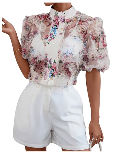 OYOANGLE Women's Floral Print Mesh Sheer Pearl Button Down Blouse Mock Neck Puff Short Sleeve Ruffle Trim Shirt