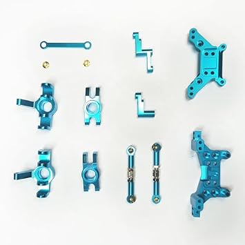 for Hyper Go RC Car Parts, F/R Shock Tower, Front Steering Cup, Rear Hub, Steering Assembly &Tie Rod, Metal Replacement Upgrade Parts, for H16BM H16GT H16DR MJX 1/16 Scale RC Car Blue