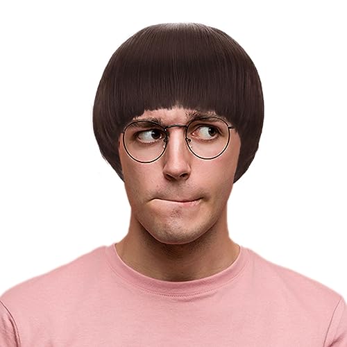 Anogol Hair Cap + Short Dark Brown Bowl Cut Wig Mushroom Wigs with Bangs for Men Women Funny Wigs 60s Wigs for Movie Halloween Cosplay Costume Party