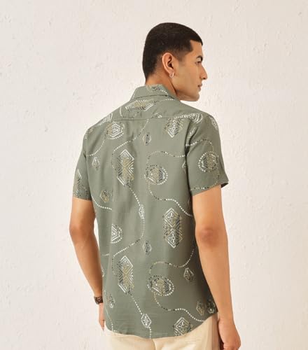 Image of Majestic Man Men's Slim Fit Pure Cotton Printed Casual Shirt - Short Sleeve | Premium Breathable Fabric | Modern Geometric Design