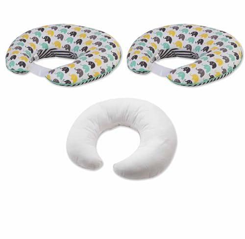 Bacati - Elephants 4 pc Nursing/Feeding Set Pillow Cover, Polyfilled Insert Pillow and 2 Burp Made with Ultra-Soft 100% Cotton Fabric in a Fashionable Two-Sided Design (Mint/Yellow/Grey)