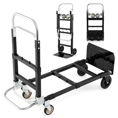 COSTWAY Diable Pliant en Métal 3 en 1 avec 4 Roues, Chariot de Transport Robuste avec Poignée Rétractable Longueur Réglable, Chariot à Main Convertible...