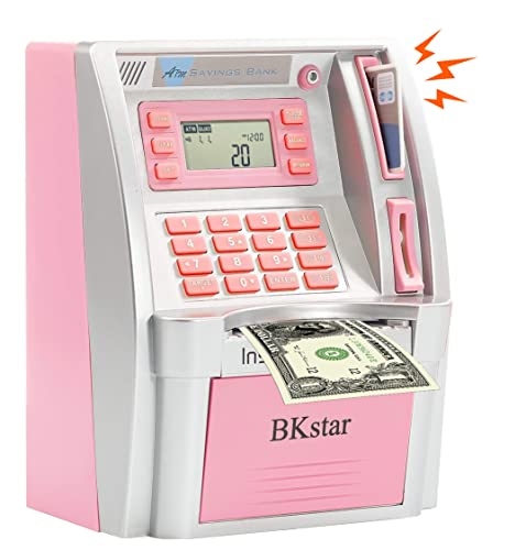 Image of BKstar Kids Talking Pink ATM Piggy Bank with Debit Cards, Power-Off Memory, Auto-Opening Drawer for Real Money for Girls, Onekey Shutdown, Bill Feeder, Coin Recognition, Balance Calculator Machine