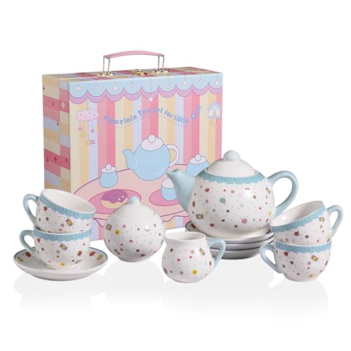 Sweejar Porcelain Tea Set for Little Girls Kitchen Toys Tea Party Set for Kids Toddler Kitchen Pretend Toy Include Children Teapot Cup & Saucer Sugar Bowl and Cream Pitcher(Sweet)